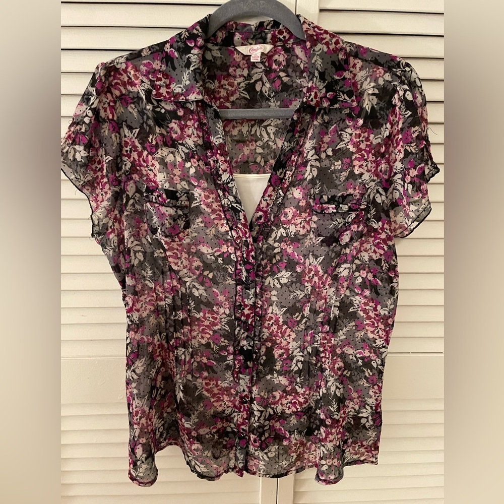 Candie’s Blouse Floral Pattern Size XL Black, Gray, Pink, White